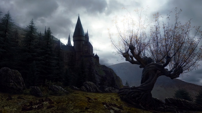 Hogwarts Castle and Whomping Willow in Harry Potter