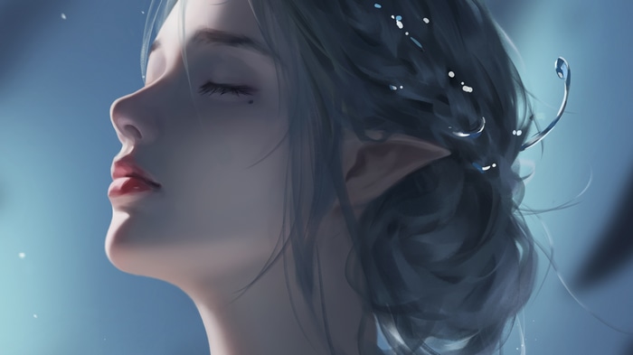4K WLOP woman with pointy ears and closed eyes