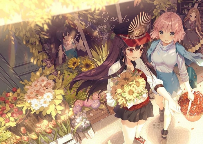 Anime girls in a flower shop with sunflowers