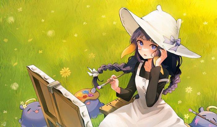 Ninomae Inanis painting in a grassy field with Takodachi