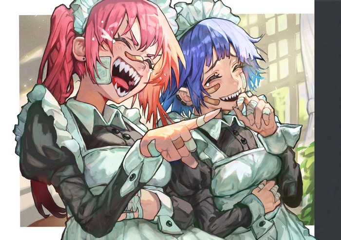 Two maids with pointy teeth and band-aids laughing
