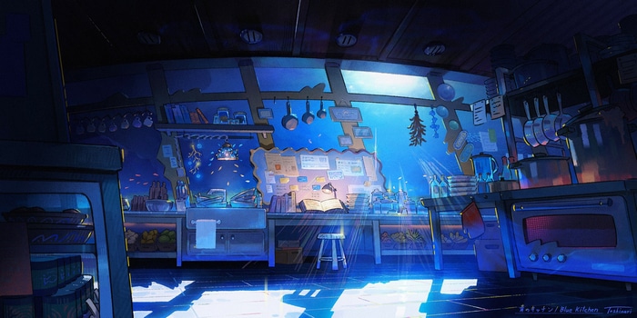 Underwater Kitchen with Sunlight and Pots