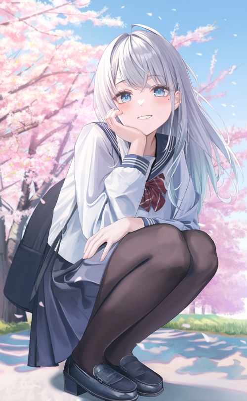 Schoolgirl squatting under cherry blossoms