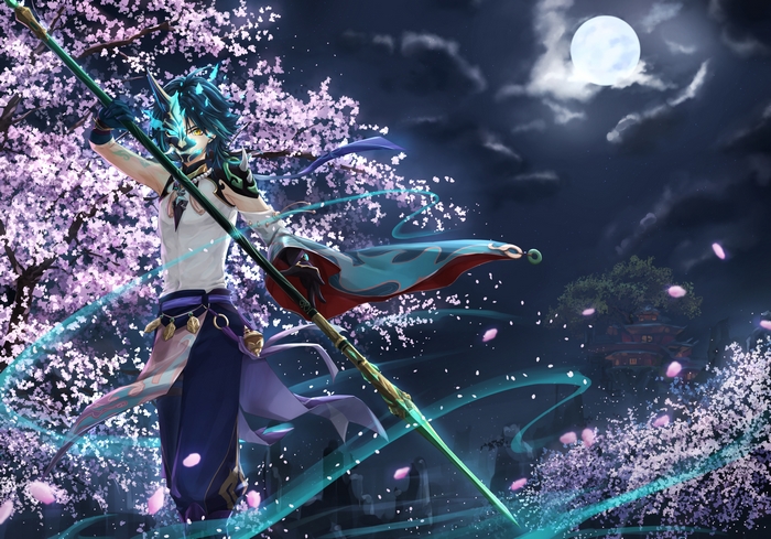 Xiao from Genshin Impact with a spear under cherry blossoms