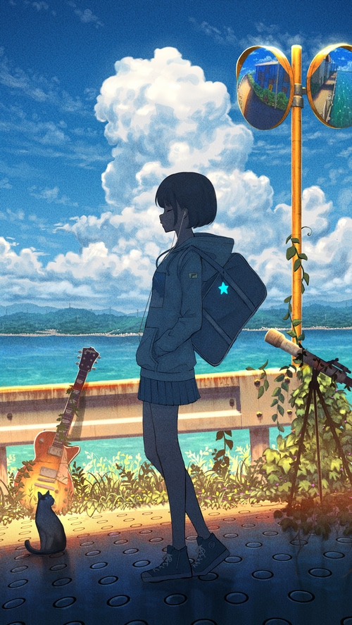Girl with backpack and guitar by the sea