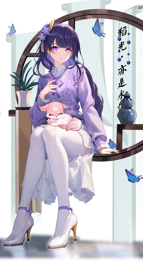 Raiden Shogun with a fox cub and butterflies