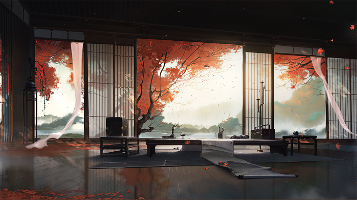 Japanese room with autumn trees and lake view