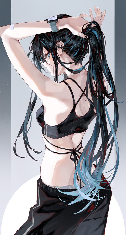 Anime girl with blue eyes and ponytail looking back