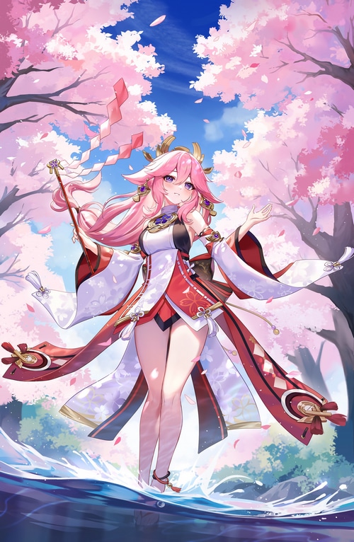 Yae Miko standing in water with cherry blossoms