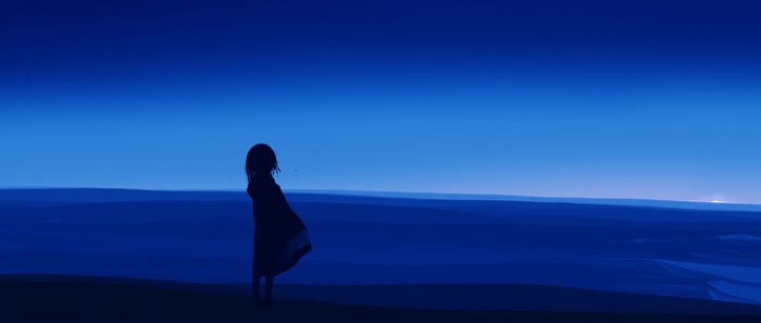 Silhouette of a girl against a blue night sky