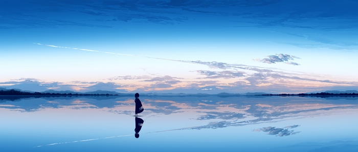 4K landscape with person looking away over water