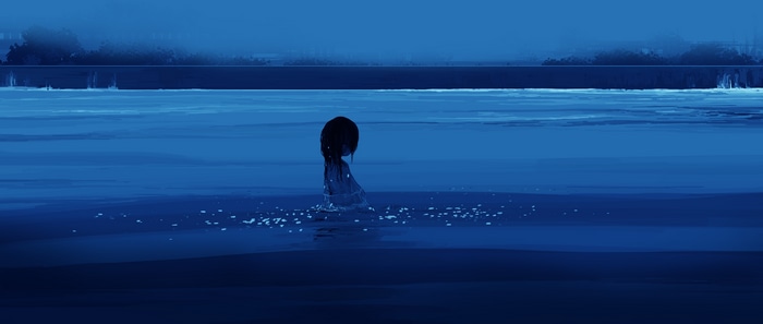 4K girl in water near waterfall