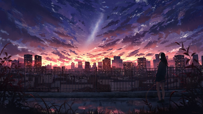 4K Anime Cityscape at Sunset with Stars
