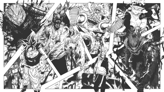 Anime characters collage: Goku, Luffy, Asta, Denji, Boruto