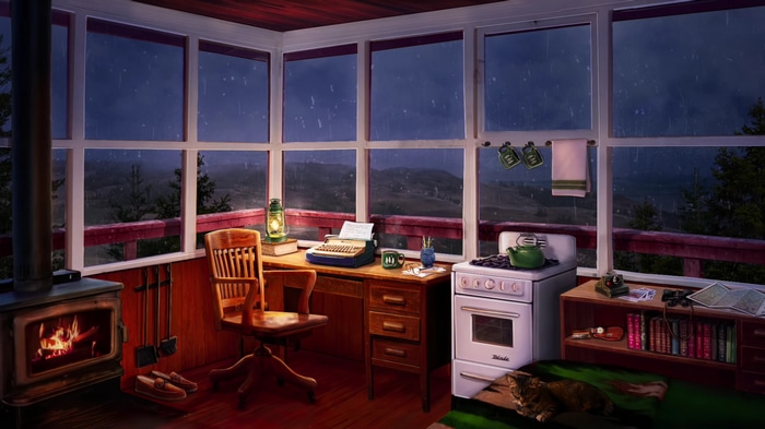 Cozy cabin interior with fireplace and desk during a rainstorm