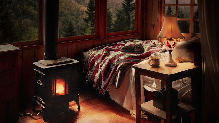 Cozy cabin interior with a cat on the bed and a wood stove