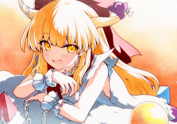 Suika Ibuki with blonde hair and horns from Touhou