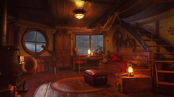 Cozy ship cabin interior with telescope and lighthouse lamp
