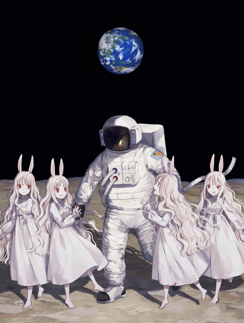Astronaut with bunny girls on the Moon with Earth in the background