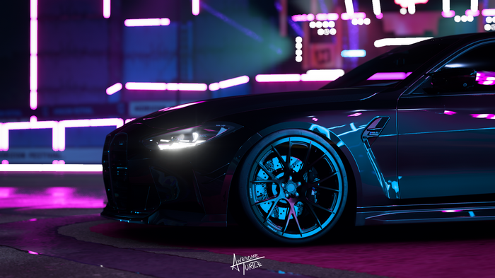 BMW M4 G82 in neon-lit city at night