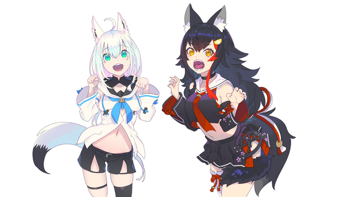 4K Shirakami Fubuki and Ookami Mio with wolf ears