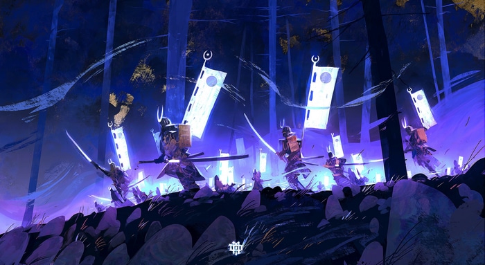 Samurai warriors with swords in a dark forest