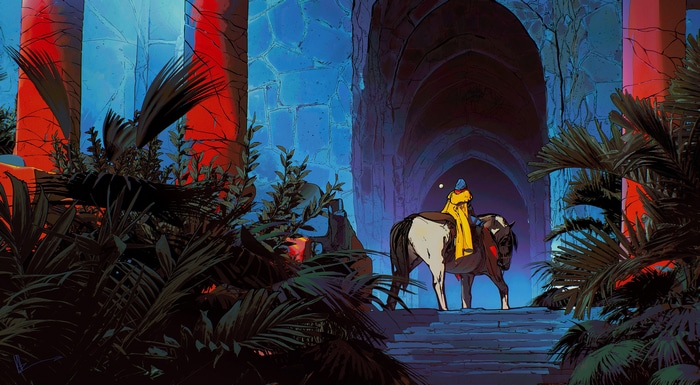 A person in a yellow cloak rides a horse through an ancient stone structure.
