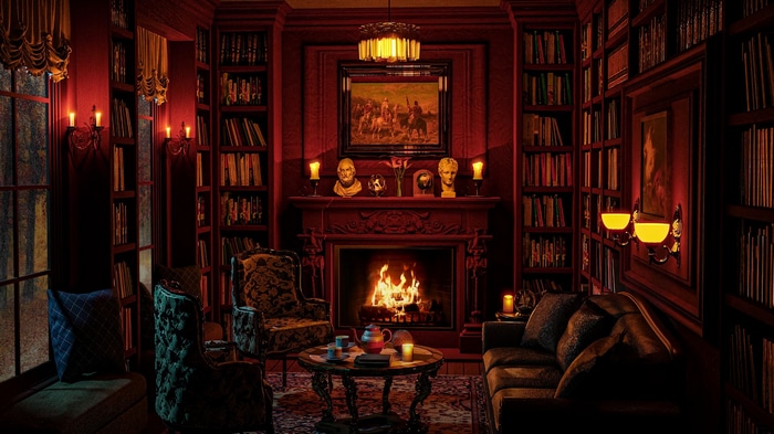 Classical library interior with fireplace and books