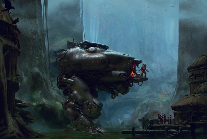 Soldier in a mech in a misty forest village
