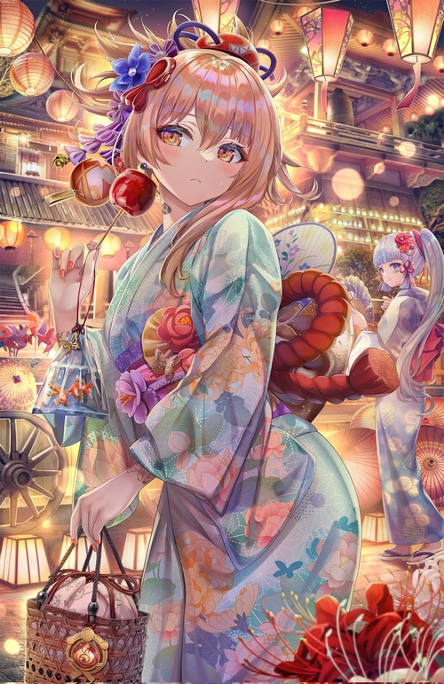 Yoimiya and Kamisato Ayaka at a Lantern Festival