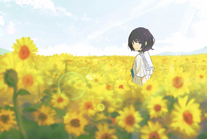 4K girl in sunflower field looking back