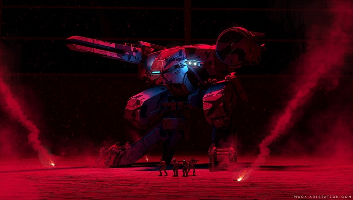 Metal Gear Rex with soldiers in red smoke