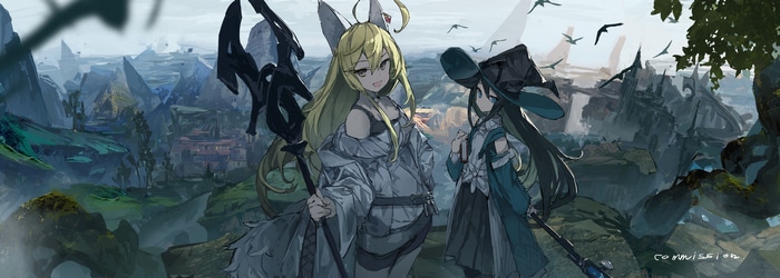 Two mages with staffs in a fantasy landscape