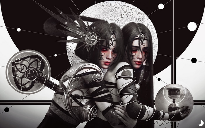 Two women with red eyes and mechanical doll elements