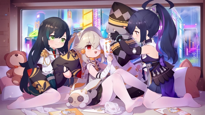 Three anime girls in a room with a city view