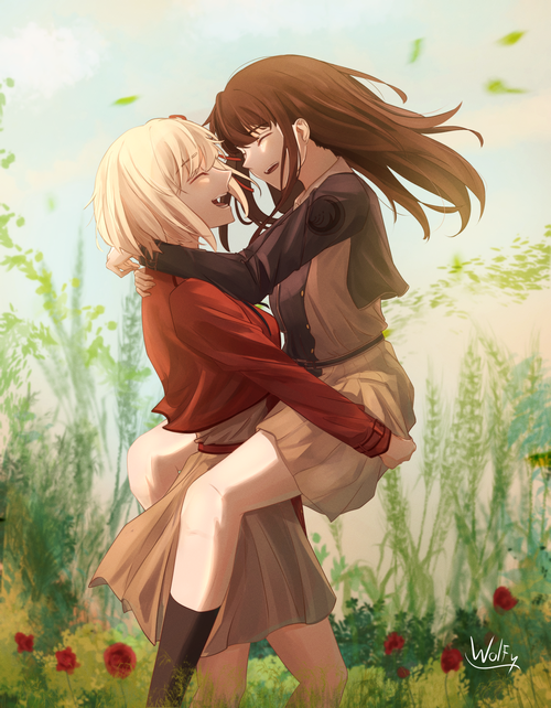 Lycoris Recoil fan art of Chisato and Takina in a field