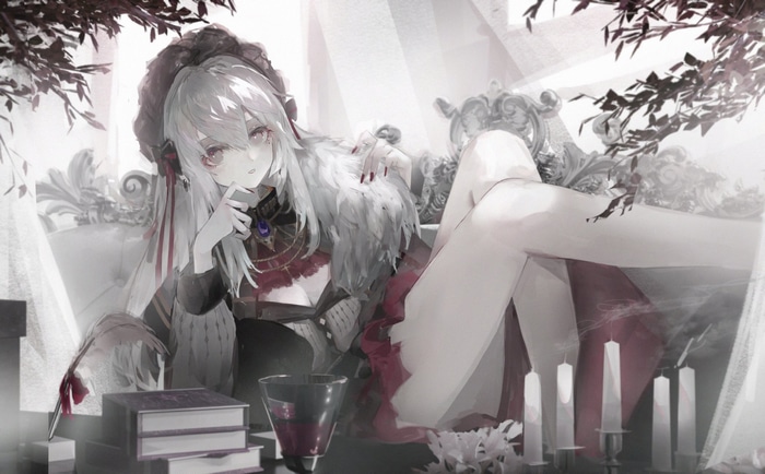 Anime girl with red eyes and white hair on a couch