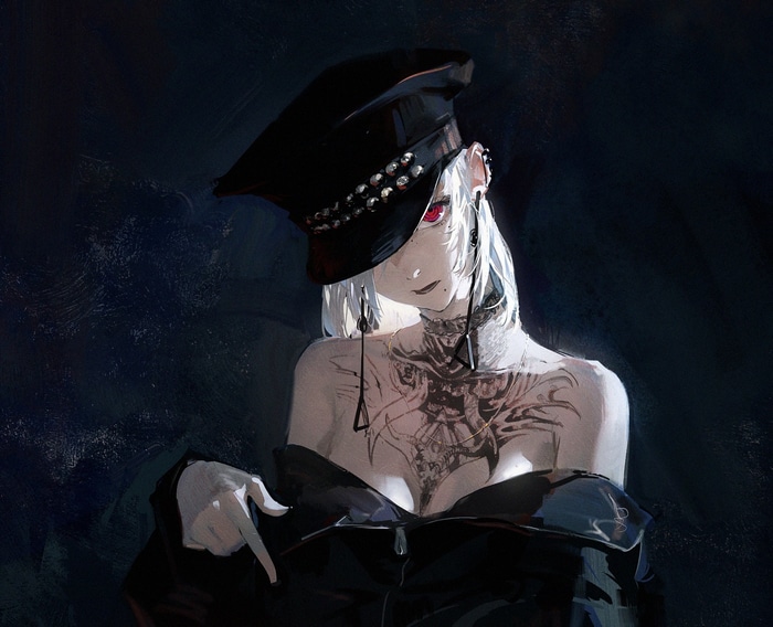 Anime girl with red eyes and tattoos wearing a hat