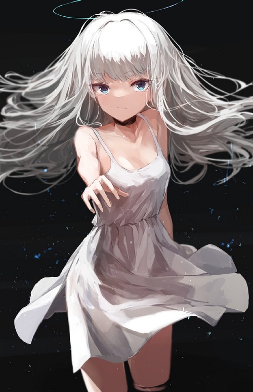 Anime girl with white hair and white dress