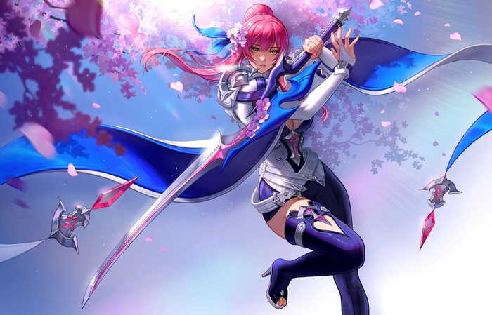 Woman with pink hair and sword under cherry blossoms