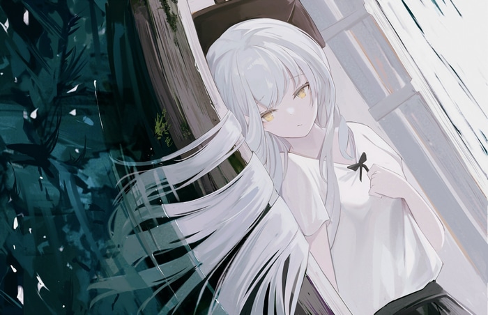 4K anime girl with white hair by a lake