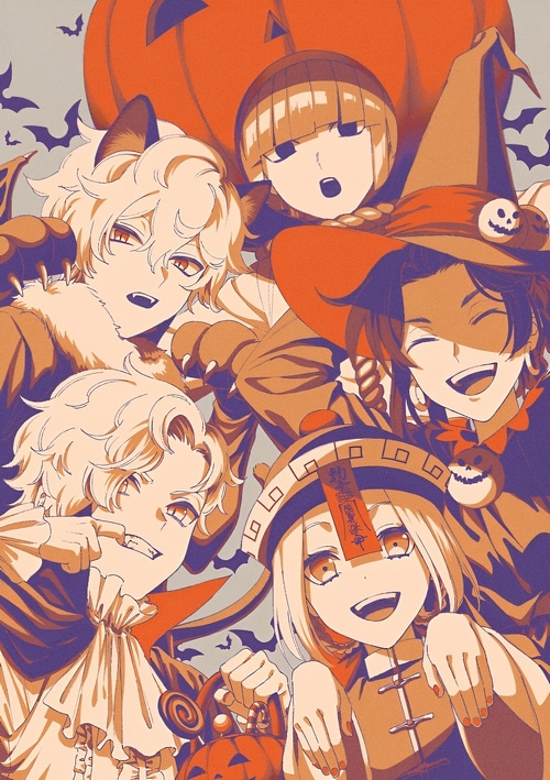 Anime characters in Halloween costumes with a pumpkin