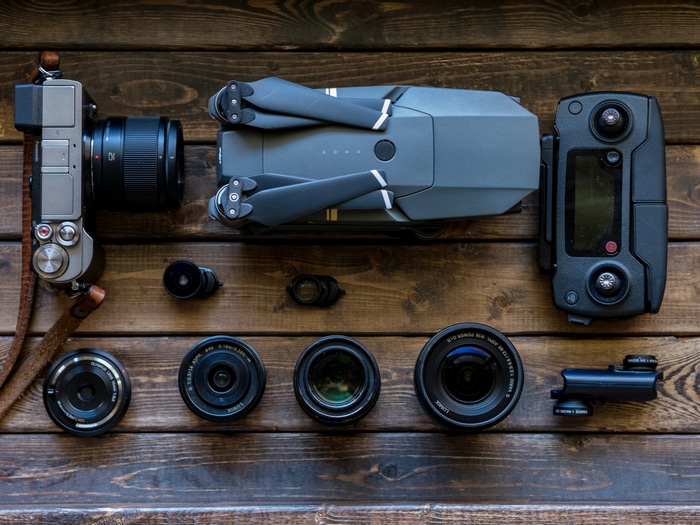 DJI Mavic drone and Panasonic Lumix camera gear