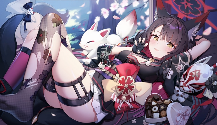 Kosaka Wakamo from Blue Archive with a fox spirit and chocolates