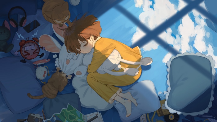 Girl sleeping with stuffed animals and cats