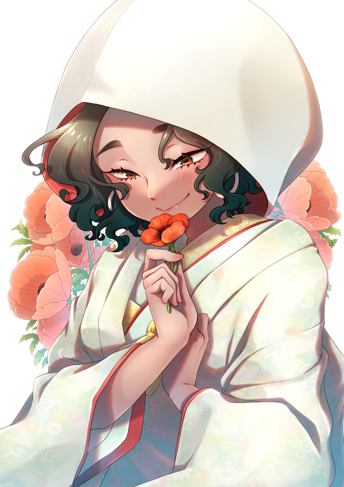 Woman in white kimono holding a red flower