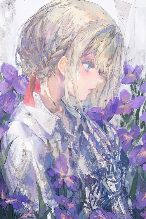 Violet Evergarden surrounded by purple irises