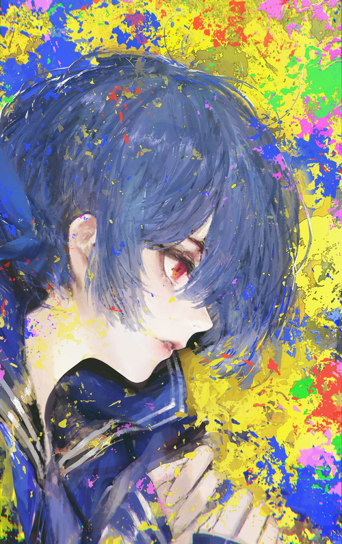 Artwork of a woman with blue hair and red eyes
