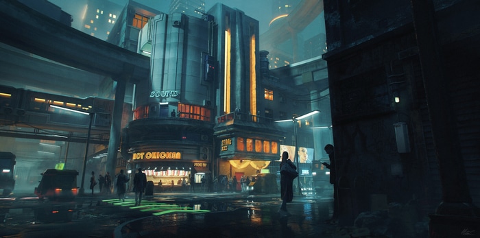Cyberpunk city street at night with neon lights