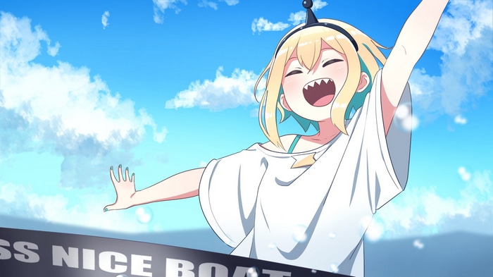 Pikamee with arms raised in front of a blue sky